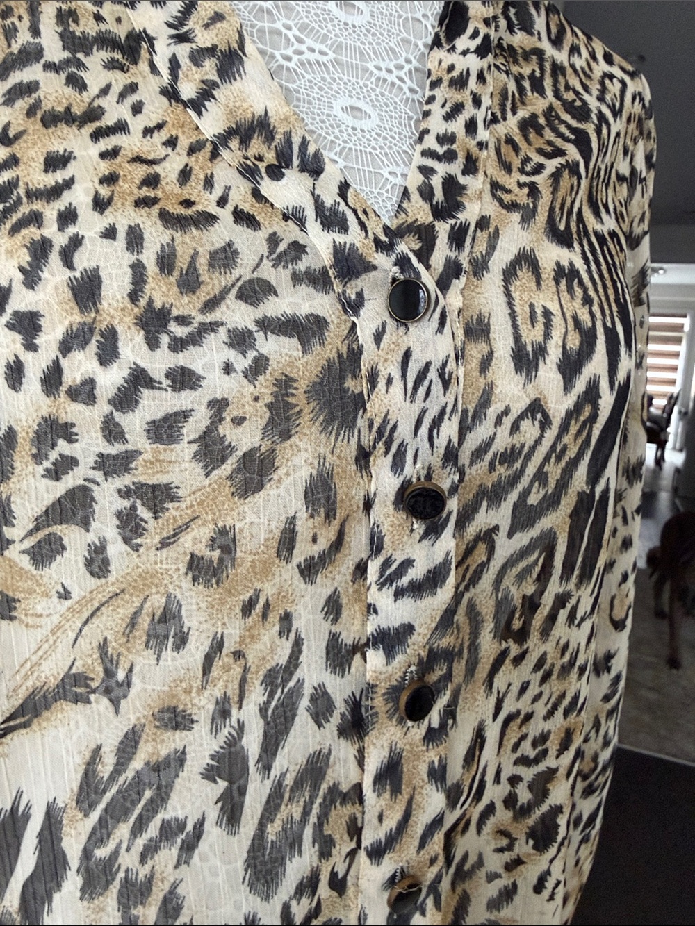Leopard Print Button-Up Tunic Blouse - Beige, Black - Picture 3 of 5